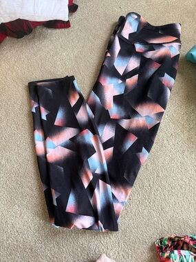 Forever 21 Black Leggings with Coral and Light Blue Geometric Pattern